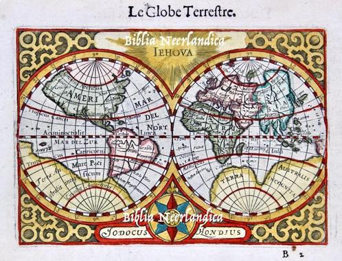 Antieke WERELDKAART (1609) J. HONDIUS (Jehova, Iehova), Antiek en Kunst, Kunst | Etsen en Gravures, Ophalen of Verzenden