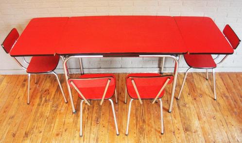 Rood Formica Verlengbare Keukentafel + 4 Rode Stoelen / 60's, Maison & Meubles, Tables | Tables à manger, Comme neuf, Cinq personnes ou plus