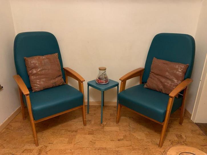 Loungezetels (4 stuks), Huis en Inrichting, Stoelen, Zo goed als nieuw, Vier, Hout, Kunststof, Leer, Overige materialen, Blauw