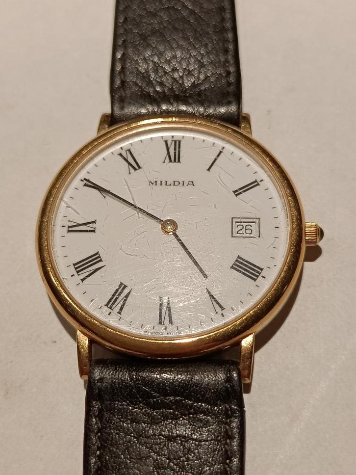 Montre Mildia homme 651301 plaqué or, date, vintage, Collections, Collections Autre, Utilisé, Enlèvement ou Envoi