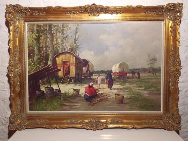 Schilderij Zigeuners mandenvlechters - Piret, Antiek en Kunst, Kunst | Schilderijen | Klassiek, Ophalen of Verzenden