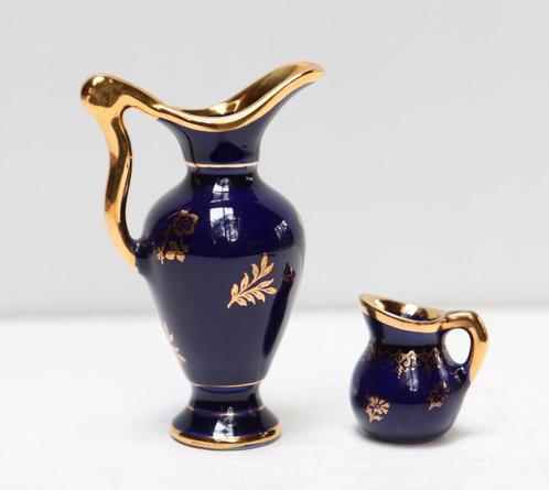 Miniatuur Limoges kruik + melkpotje, kobaltblauw, Antiek en Kunst, Curiosa en Brocante, Ophalen of Verzenden