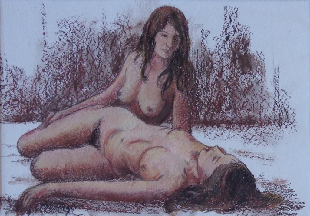 POL MAGIS / KOPPEL NAAKTE VROUWEN / ORIGINEEL WERK 61x70cm, Antiquités & Art, Art | Peinture | Moderne, Enlèvement ou Envoi