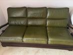 Vintage 3 zit, donker hout en groen leder, Antiek en Kunst, Ophalen