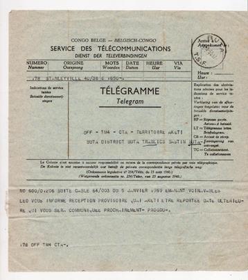 Télégramme envoyé de Stanleyville à Buta, Congo belge 1959., Collections, Envoi, Utilisé