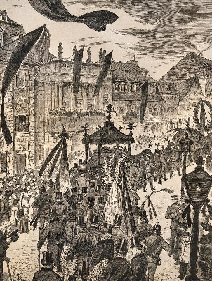 Richard Wagner - rouwstoet in Bayreuth, Antiek en Kunst, Kunst | Etsen en Gravures, Ophalen of Verzenden