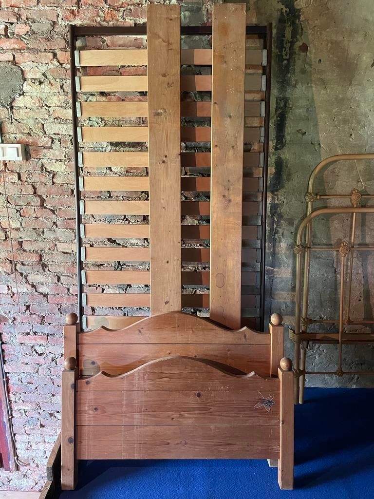 Grenen 1-persoonsbed met lattenbodem, Huis en Inrichting, Slaapkamer | Bedden, Ophalen, Gebruikt, Eenpersoons, Beige