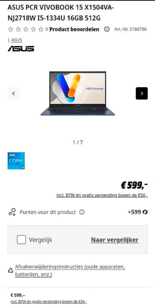 ASUS Vivobook 15 X1504VA-NJ2718W, Computers en Software, Windows Laptops, 15 inch, ASUS, Zo goed als nieuw, SSD