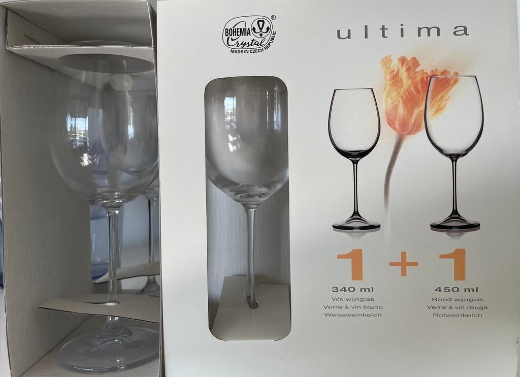 Vier Bohemia Crystal Ultima wijnglazen uit Tsjechië, Verzamelen, Glas en Drinkglazen, Nieuw, Ophalen of Verzenden