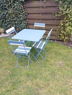 Retro tafel met 4 oude café plooistoelen, Tuin en Terras, Ophalen, Vierkant