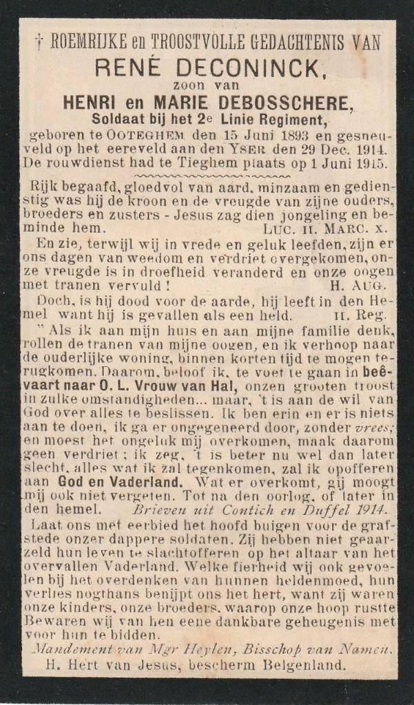 Gesneuvelde 1914-1918    René Deconinck, Verzamelen, Bidprentjes en Rouwkaarten, Ophalen