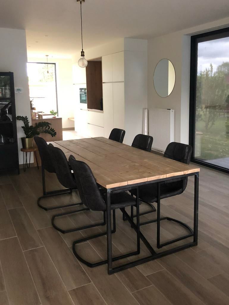 Set tafel, bank, salontafel van hout & staal, Huis en Inrichting, Ophalen, Zo goed als nieuw, Vijf personen of meer, Industrieel