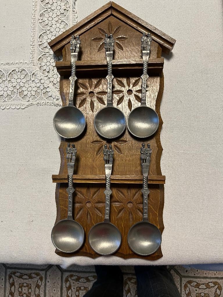 Houten kader met 6 Tinnen lepels, Antiek en Kunst, Antiek | Tin, Ophalen