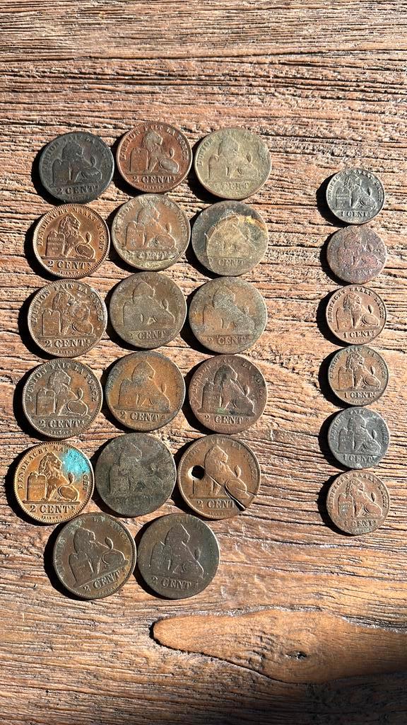 Lot Belgische centimes 1c & 2c (19e + begin 20e eeuw, 23 st), Postzegels en Munten, Munten en Bankbiljetten | Verzamelingen, Munten