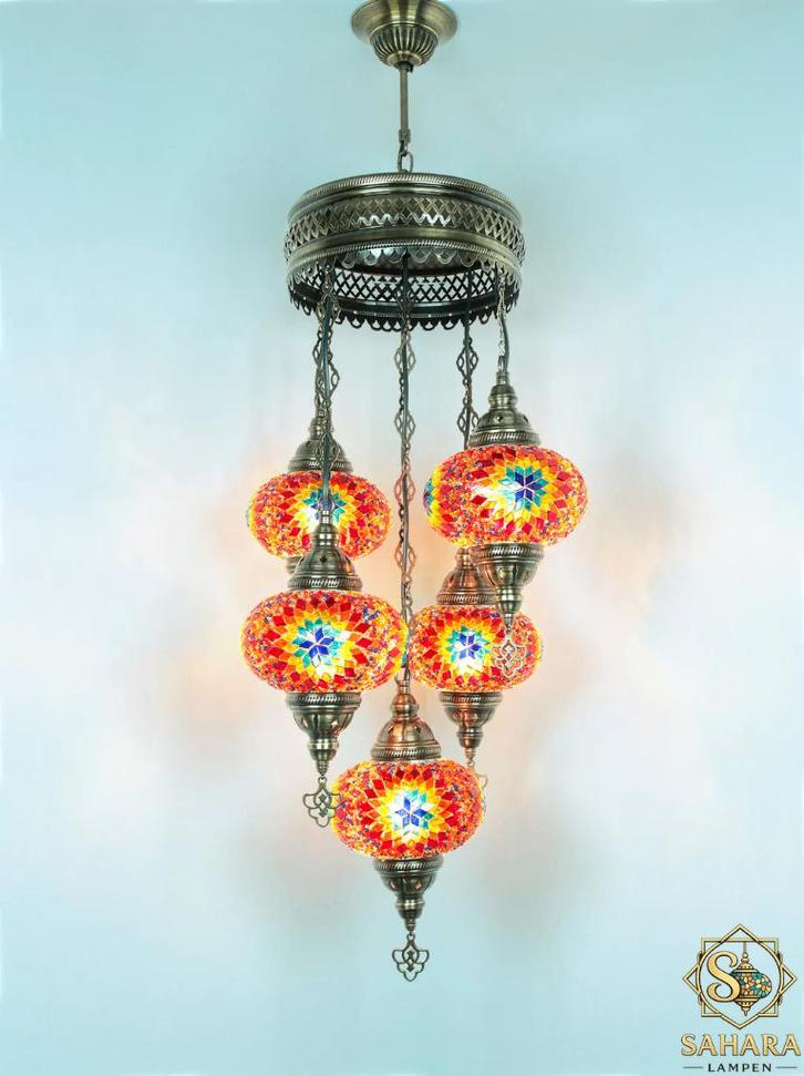 Oosterse Mozaïek Hanglamp – 5 Bollen H: 103cm B: 43cm, Huis en Inrichting, Lampen | Hanglampen, Nieuw, 75 cm of meer, Glas, Metaal