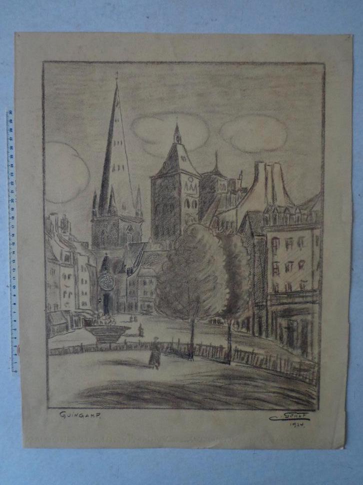 Tekening van Julien Genot uit 1934 "Guingamp", Antiquités & Art, Art | Dessins & Photographie, Enlèvement ou Envoi