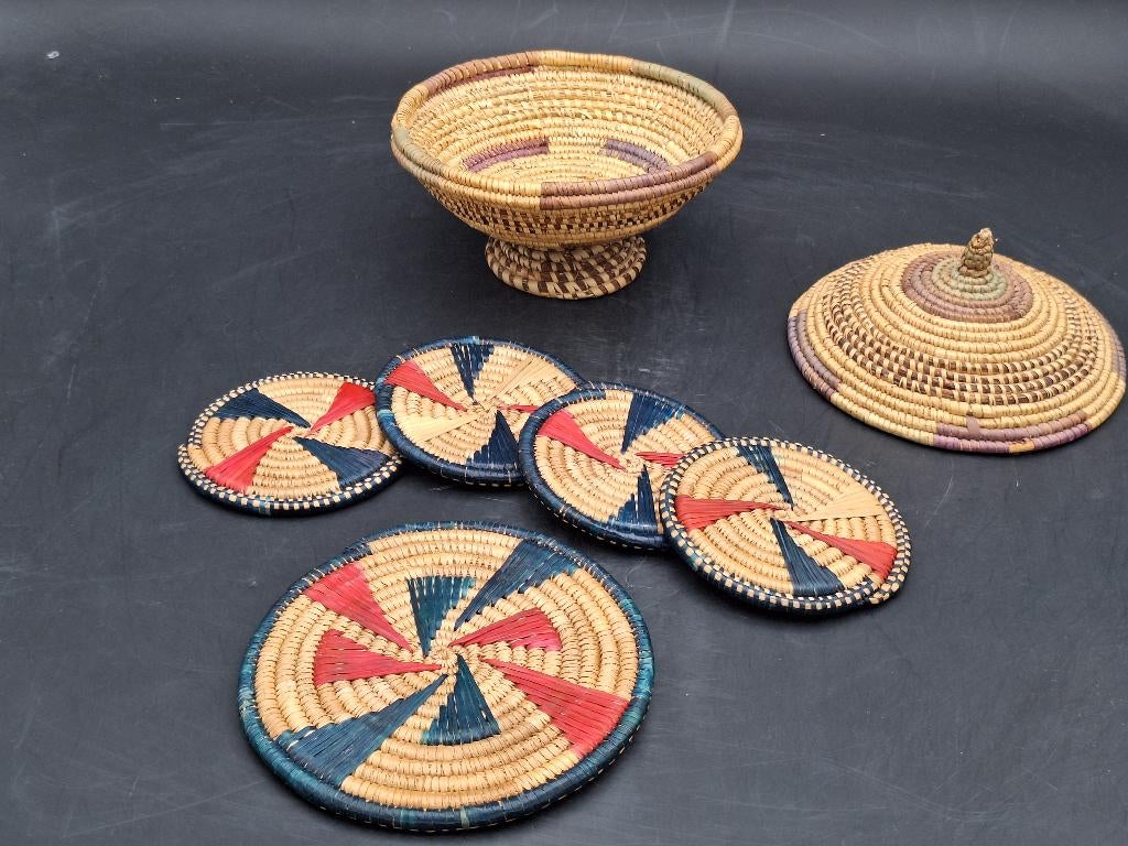 oud rieten mandje met onderleggers, jaren 60, Antiek en Kunst, Curiosa en Brocante, Ophalen of Verzenden