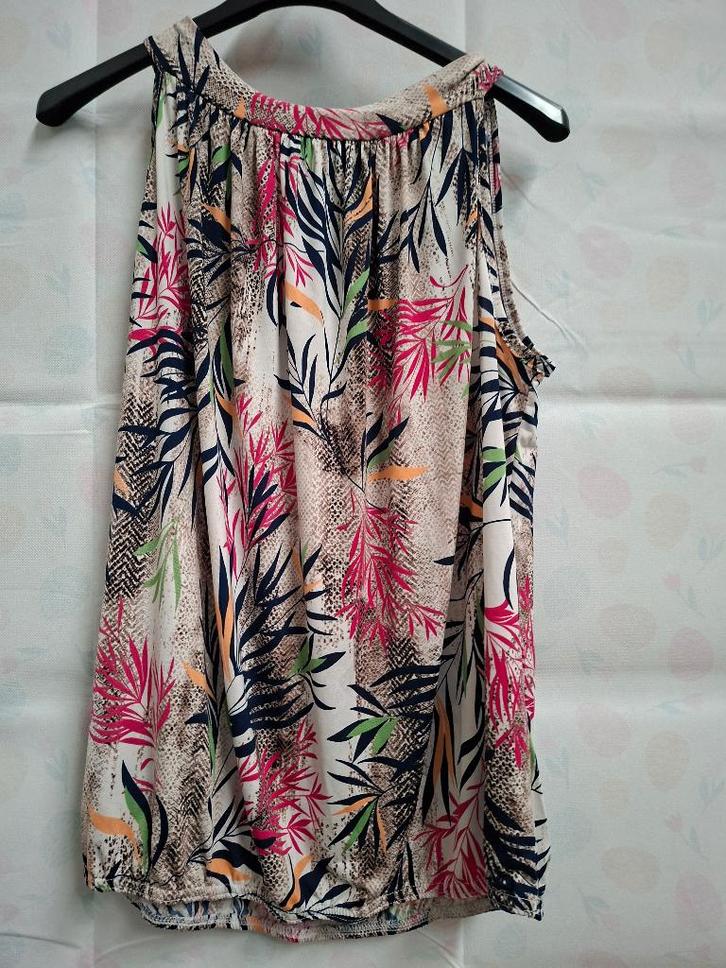 Mouwloze tuniek - Tropische print beige/roze/marineblauw, Kleding | Dames, Topjes, Zo goed als nieuw, Maat 46/48 (XL) of groter