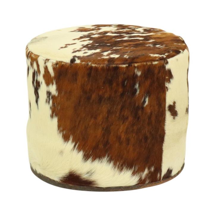 Ronde Vintage Poef Koeienhuid Leer Sixties 47cm, Huis en Inrichting, Zetels | Voetbanken en poefs, Gebruikt, Minder dan 50 cm