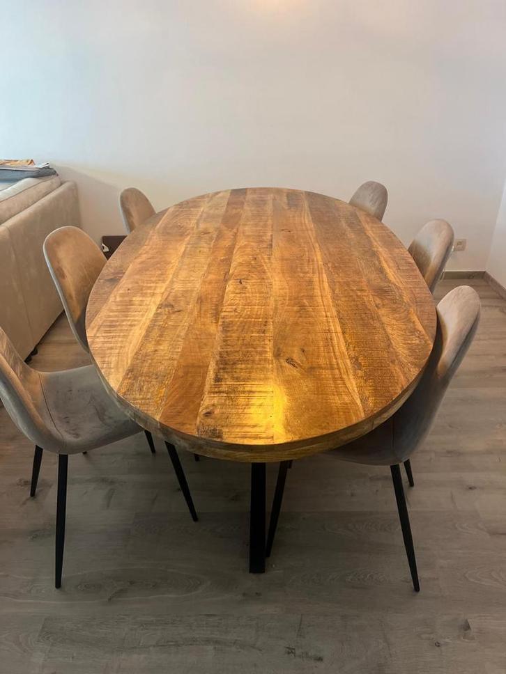 Ovale eettafel van Andaman hout + 6 fluwelen stoelen WEBA, Huis en Inrichting, Tafels | Eettafels, Zo goed als nieuw, Ovaal, Ophalen of Verzenden