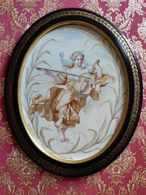 Handbeschilderde porseleinen plaquette van dame met viool -, Antiek en Kunst, Kunst | Schilderijen | Klassiek, Ophalen of Verzenden