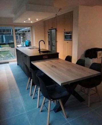 Tafel massief eiken blad (4 cm) met stalen kruispoten  beschikbaar voor biedingen