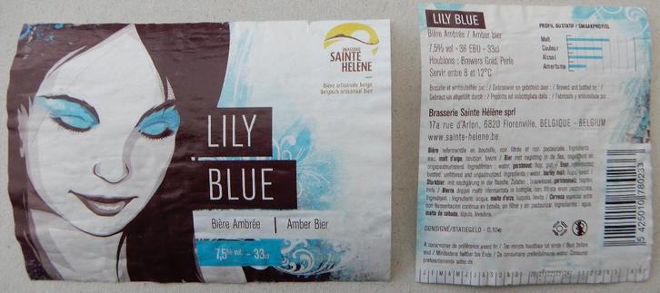 Bieretiket Lily Blue Brouwerij Sainte Hélène (8h5), Verzamelen, Biermerken, Gebruikt, Verzenden