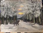 Schilderij Winterlandschap met Herten Hollandse School, Ophalen of Verzenden