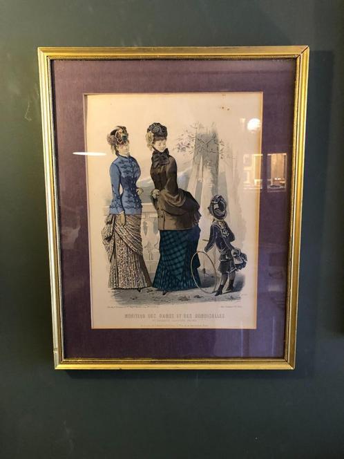 Prachtige Mooie Franse Damesmode prent in Gouden Lijst., Antiek en Kunst, Kunst | Tekeningen en Fotografie, Ophalen of Verzenden