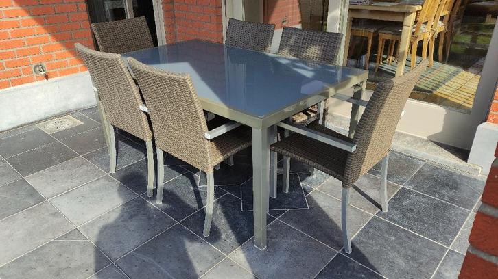 Terrastafel met 6 stoelen, Tuin en Terras, Tuinsets en Loungesets, Gebruikt, Loungeset, Aluminium, 6 zitplaatsen, Eettafel, Stoel