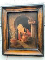 Antieke olieschilderij persoon bij een raam of nis met kruik, Antiek en Kunst, Ophalen of Verzenden