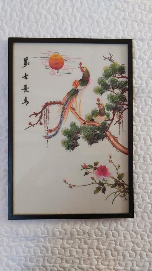 Chinese borduurkunst op doek  (1970); 4 panelen, Antiquités & Art, Art | Peinture | Moderne, Enlèvement ou Envoi