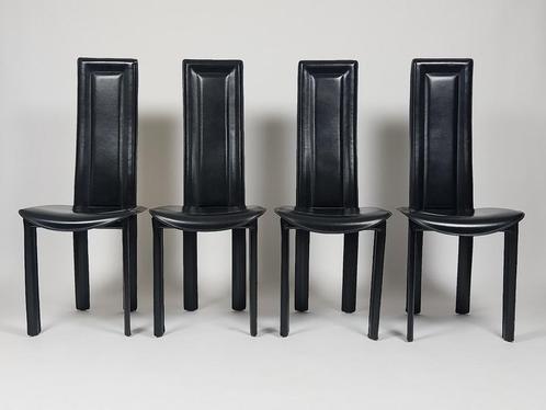Set van 4 Vintage Design Stoelen – Zwart Leer, Huis en Inrichting, Fauteuils, Gebruikt, Leer, Minder dan 50 cm, Minder dan 75 cm