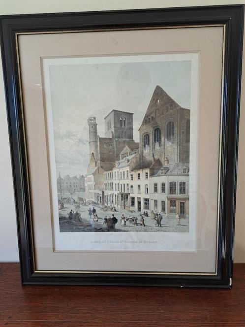 Ruines de Ste-Gertrude à Nivelles, litho 19e encadrée, Antiek en Kunst, Kunst | Litho's en Zeefdrukken, Ophalen