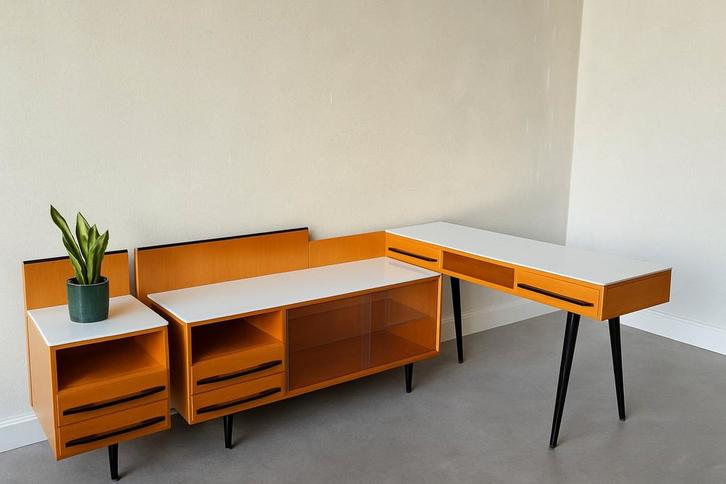 Vintage bureau Pozar (3 onderdelen), Huis en Inrichting, Bureaus, Zo goed als nieuw, Bureau, Ophalen