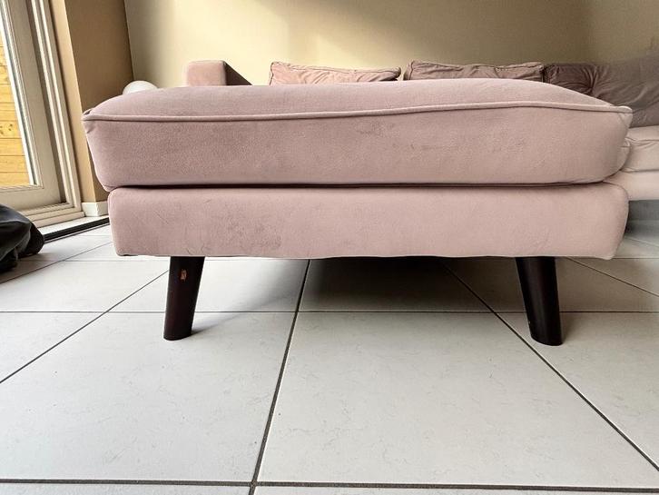 Roze hoekzetel/ velvet stof, Huis en Inrichting, Zetels | Zetels, Gebruikt, Hoekbank, Driepersoons, 200 tot 250 cm, Minder dan 75 cm