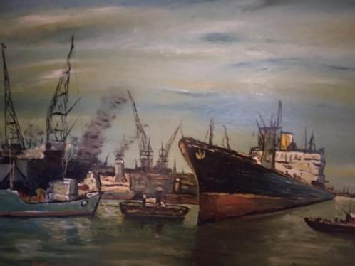 Maritiem tafereel: Zeeschip in de haven van Rotterdam, Antiek en Kunst, Kunst | Schilderijen | Klassiek, Ophalen