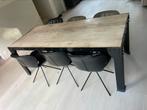 Mooie eettafel in mangohout en zwart metaal, Ophalen, Gebruikt, 200 cm of meer, 50 tot 100 cm