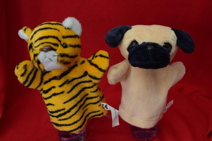 zachte handpop gestreepte tijger poes en hond, Kinderen en Baby's, Speelgoed | Knuffels en Pluche, Gebruikt, Overige typen, Ophalen of Verzenden