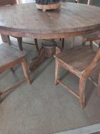 ronde robuuste tafel 1.50m met 5 stoelen, Ophalen, 150 tot 200 cm, Zo goed als nieuw, Oud teak teakhouten landelijke railway Hoffz Aura stoere sobere