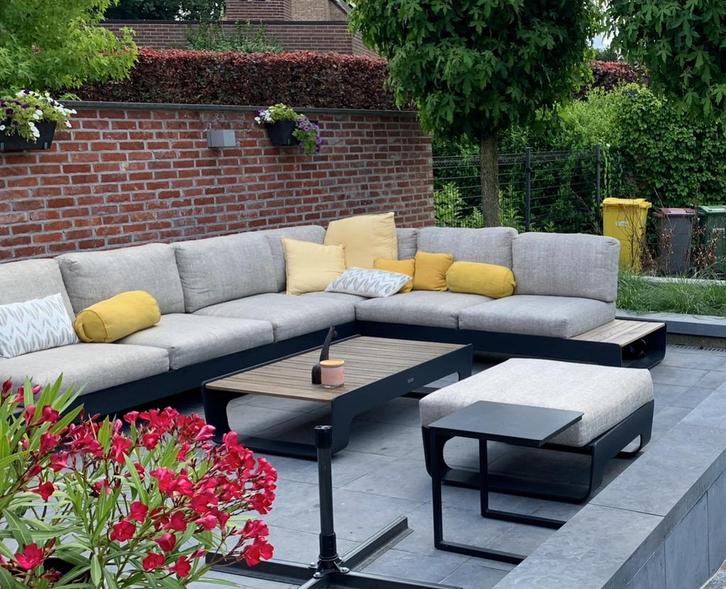Loungehoek zwart  6 personen met sunbrella kussens, Tuin en Terras, Tuinsets en Loungesets, Zo goed als nieuw, Aluminium, Ophalen