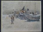 kleuren litho schepen op het strand, gesigneerd, Verzenden