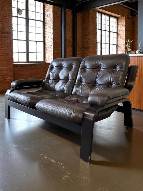 Vintage bruine lederen tweezit / zetel / canapé, Antiek en Kunst, Antiek | Meubels | Stoelen en Sofa's, Ophalen of Verzenden
