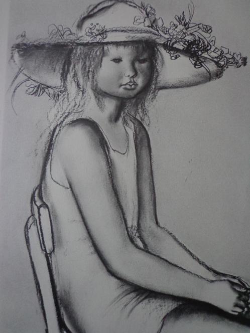 gevoelige litho Paul Smolders Zittend meisje met grote hoed, Antiquités & Art, Art | Lithographies & Sérigraphies, Enlèvement ou Envoi