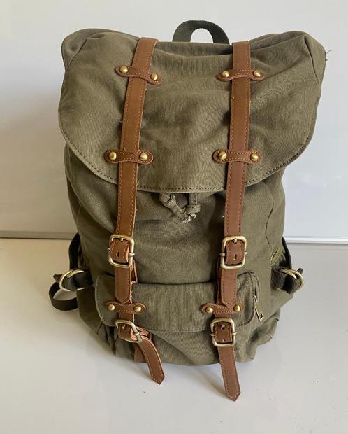 Zeer mooie rugzak van gevoerd canvas en leer in een mid-styl, Handtassen en Accessoires, Tassen | Rugtassen, Zo goed als nieuw