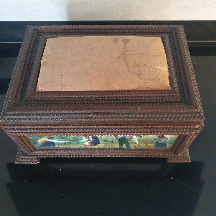 Boîte à couture Tramp Art ancienne — env. 1900 g, Antiquités & Art, Curiosités & Brocante, Enlèvement