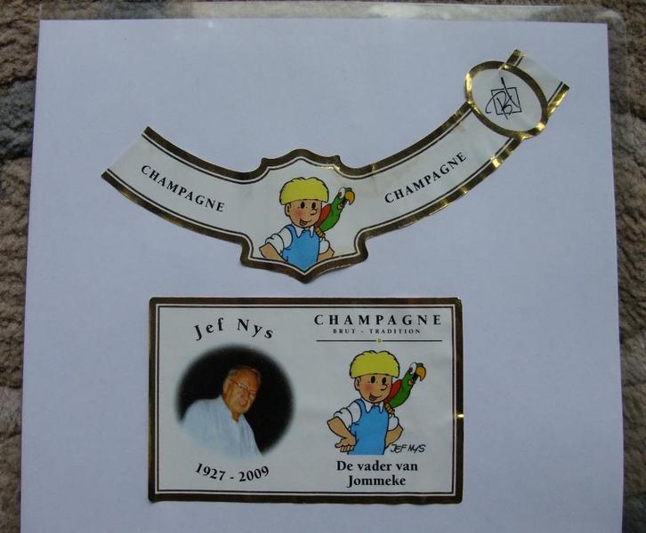 Hennequin Champagne etiket Jef Nys - de vader van Jommeke, Verzamelen, Wijnen, Gebruikt, Champagne, Ophalen of Verzenden