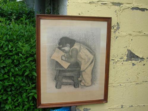 GESIGNEERD LÉON DEVOS HET KLEINE MEISJE IN HOUTSKOOL ZIE FOT, Antiek en Kunst, Kunst | Litho's en Zeefdrukken, Ophalen of Verzenden