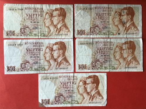5 billets de 50 pour le type 1966, Timbres & Monnaies, Billets de banque | Belgique, Série, Enlèvement ou Envoi