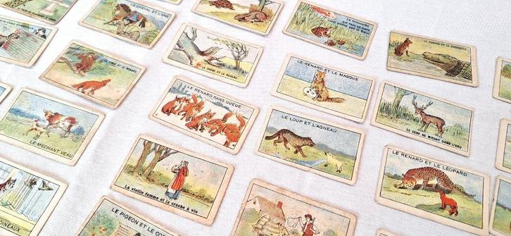 Lot 51 oude chromo’s La Fontaine – Alpha-Omega Menen (1920), Verzamelen, Foto's en Prenten, Gebruikt, Prent, Overige onderwerpen